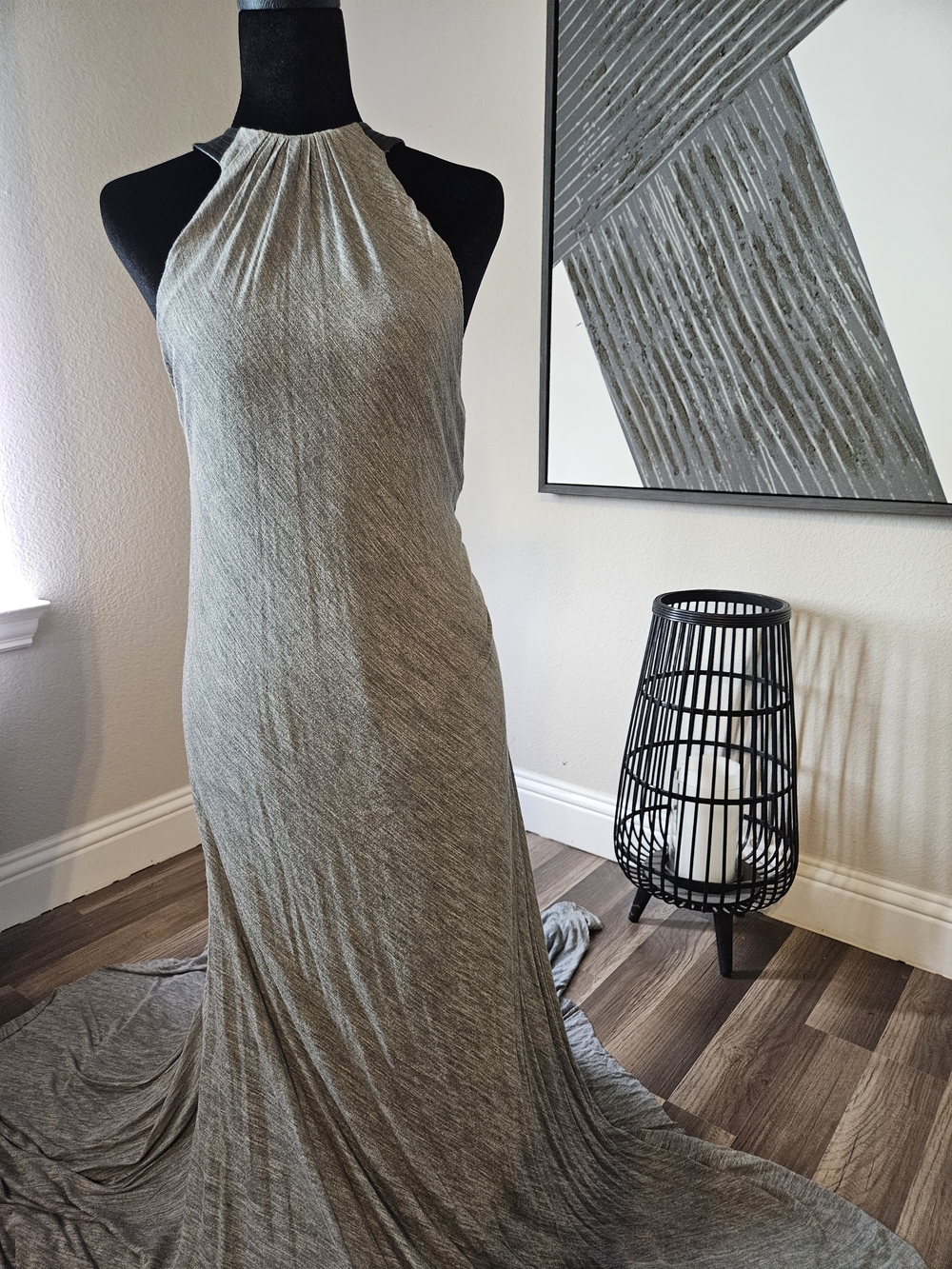 A.L.C. Leather Neck Halter-Backless Jersey Maxi Dress in Heather Gray
